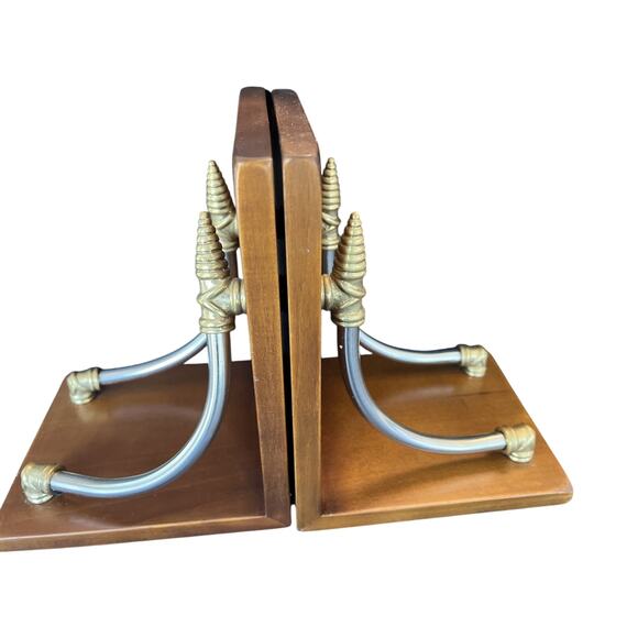 Vintage Bookends Wooden Spanish Medieval Style Made in Spain Brass & Silver Tone - Picture 3 of 13
